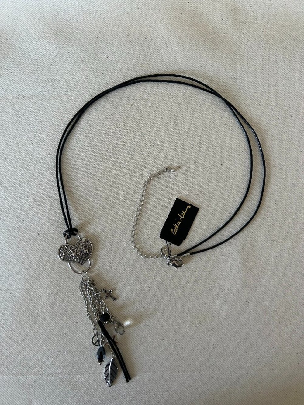 Cookie Lee Long Black Cord Charm Necklace - Crystal & Leaf Tassel (39")